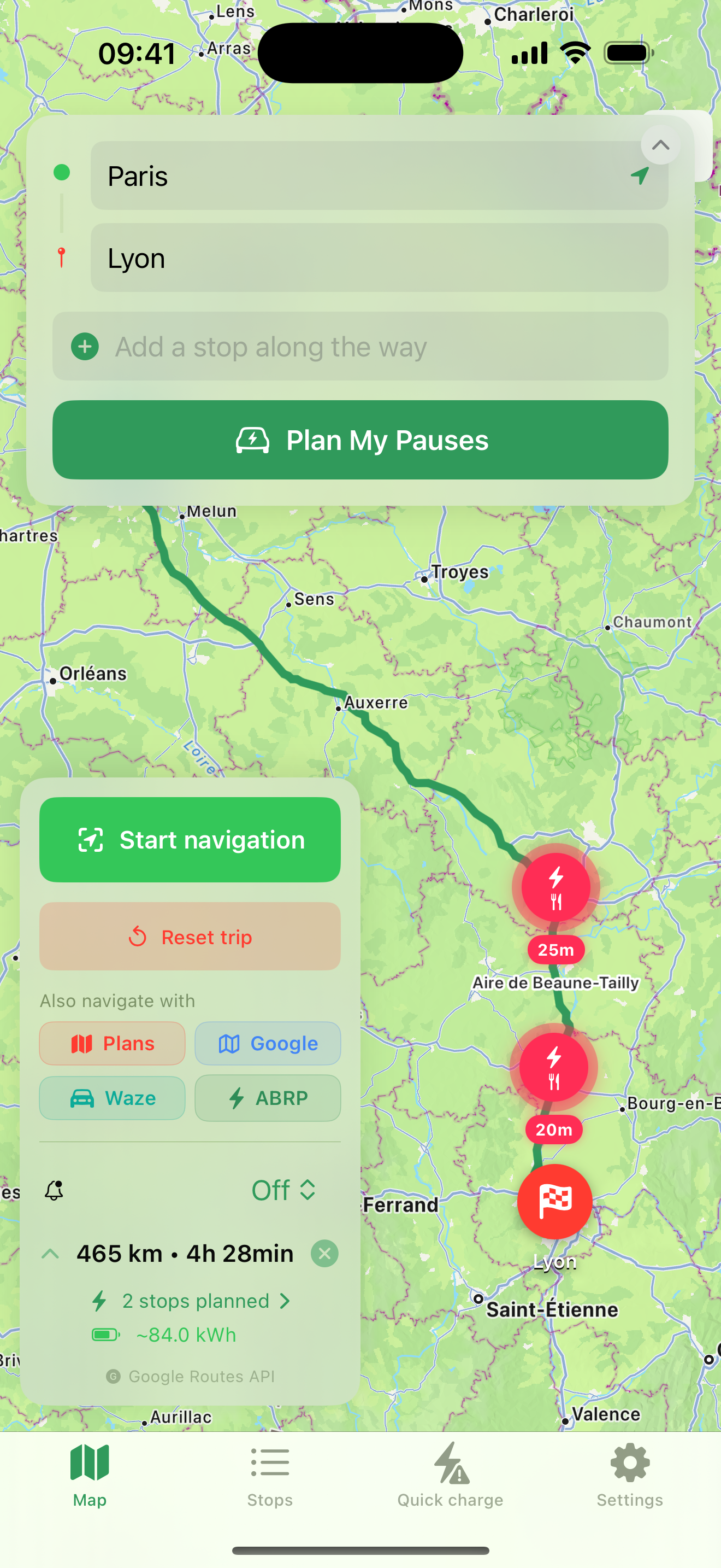 Drive Charge Eat route map with charging stops and food