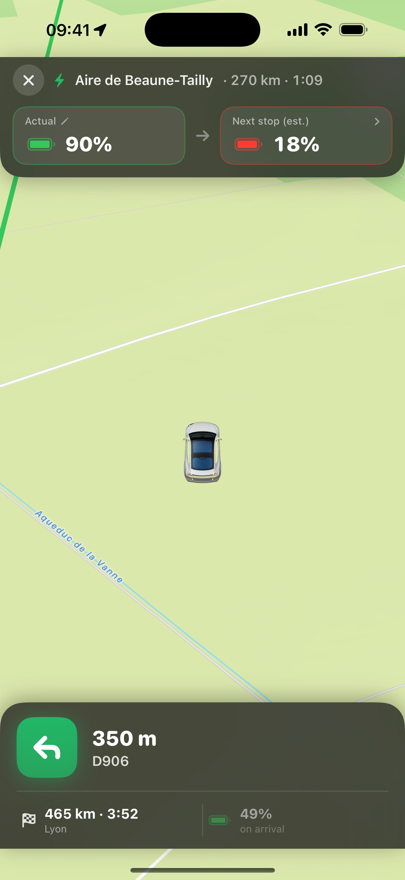 Turn-by-turn navigation with the next maneuver and live battery to the next stop