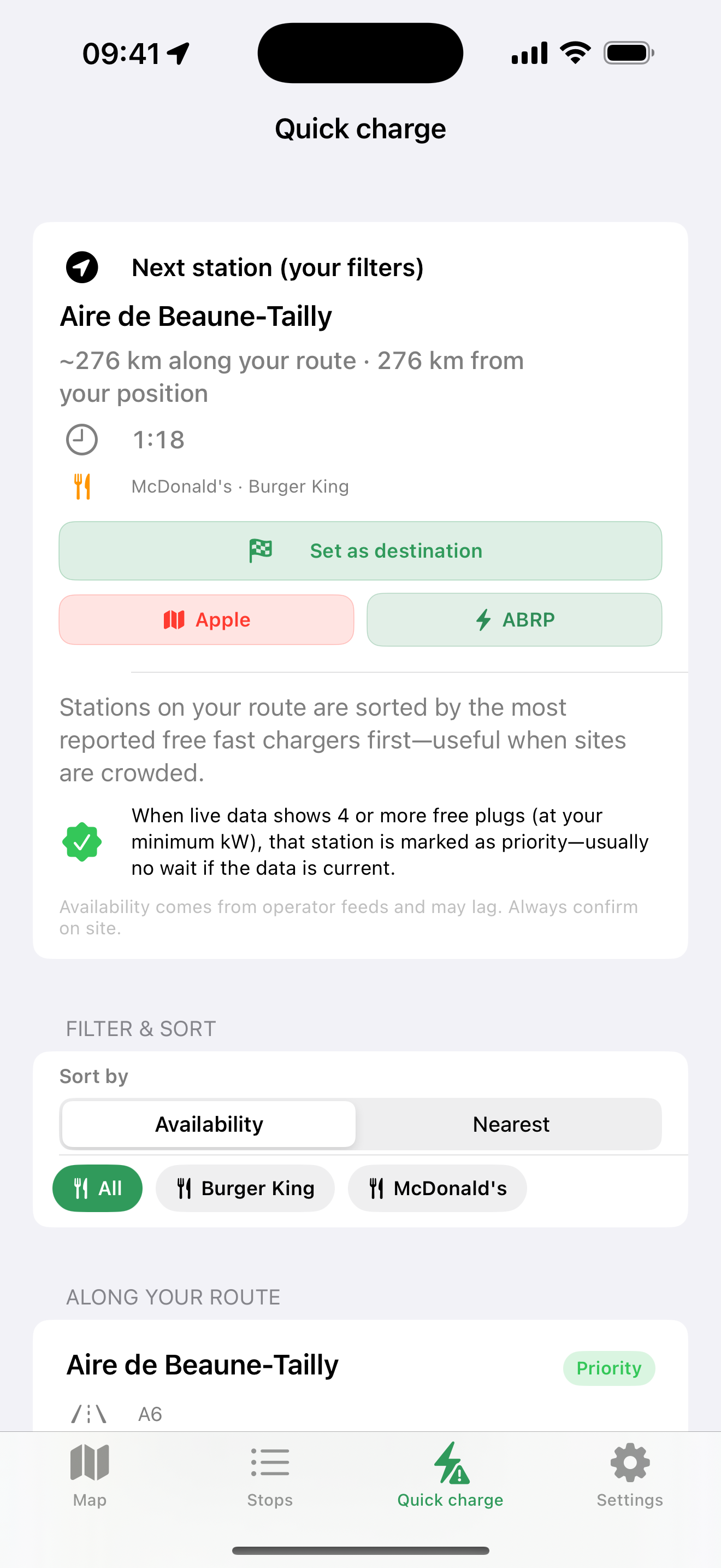Quick Charge list of nearby fast chargers ranked by power